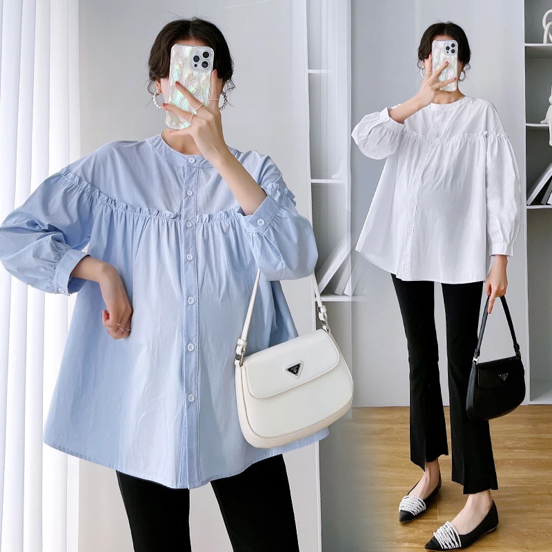 孕妇上衣衬衫春秋长袖宽松纯棉休闲中长款职业白色孕妇衬衫显瘦秋