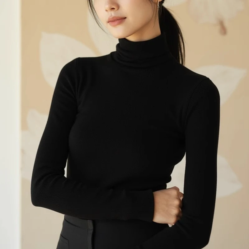 黑色堆堆领针织打底衫女秋冬长袖内搭高弹修身经典百搭高领配大衣