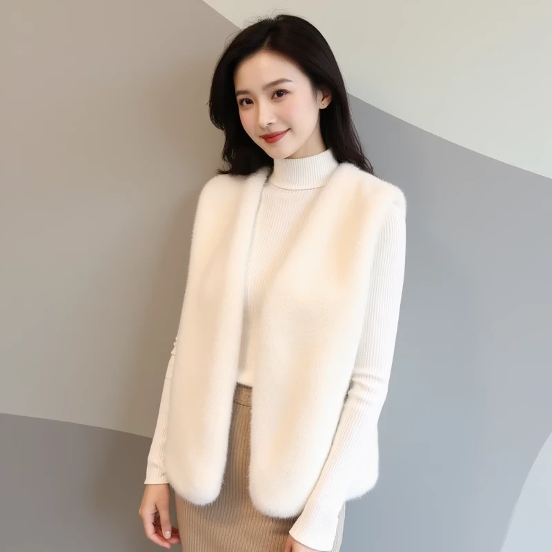 水貂绒马甲外套女秋冬仿皮草高级感白色无袖坎肩加厚毛毛背心外搭