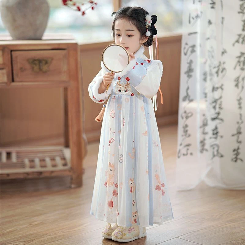 女童汉服新款冬季古装中国唐装古风公主裙拜年加绒儿童可爱连衣裙