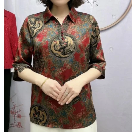 115龙凤呈祥宽松上衣大码妈妈装百搭中袖复古显瘦夏季气质长款