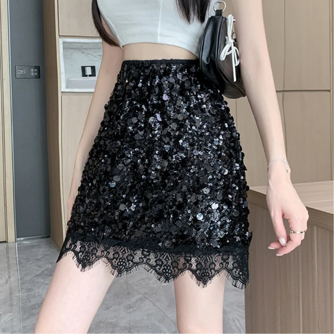 2025夏季新款走秀演出日常亮闪闪大亮片拼蕾丝边半身裙短裙包臀裙