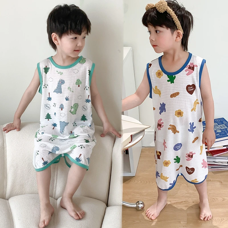 男童夏季连体睡衣薄款婴儿睡袋竹纤维儿童节女孩宝无袖空调家居服