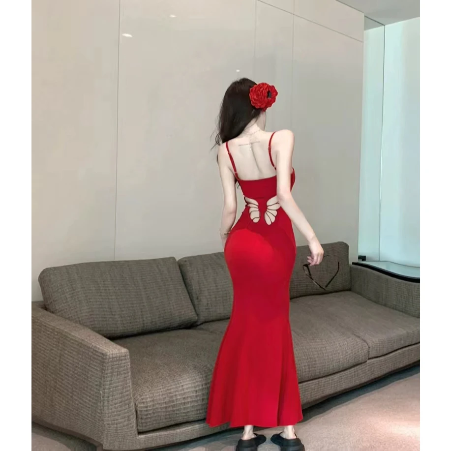 性感大露背蝴蝶吊带连衣裙女装夏季包臀鱼尾长裙子修身包臀裙气质