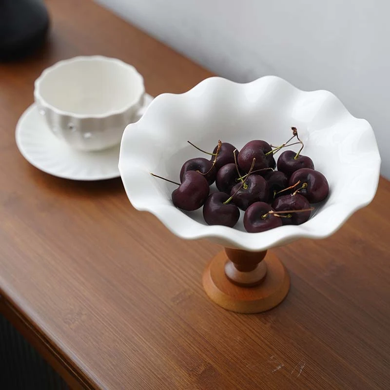 中古风木质高脚果篮零食水果盘陶瓷干果盘摆件高脚家用北欧风装饰