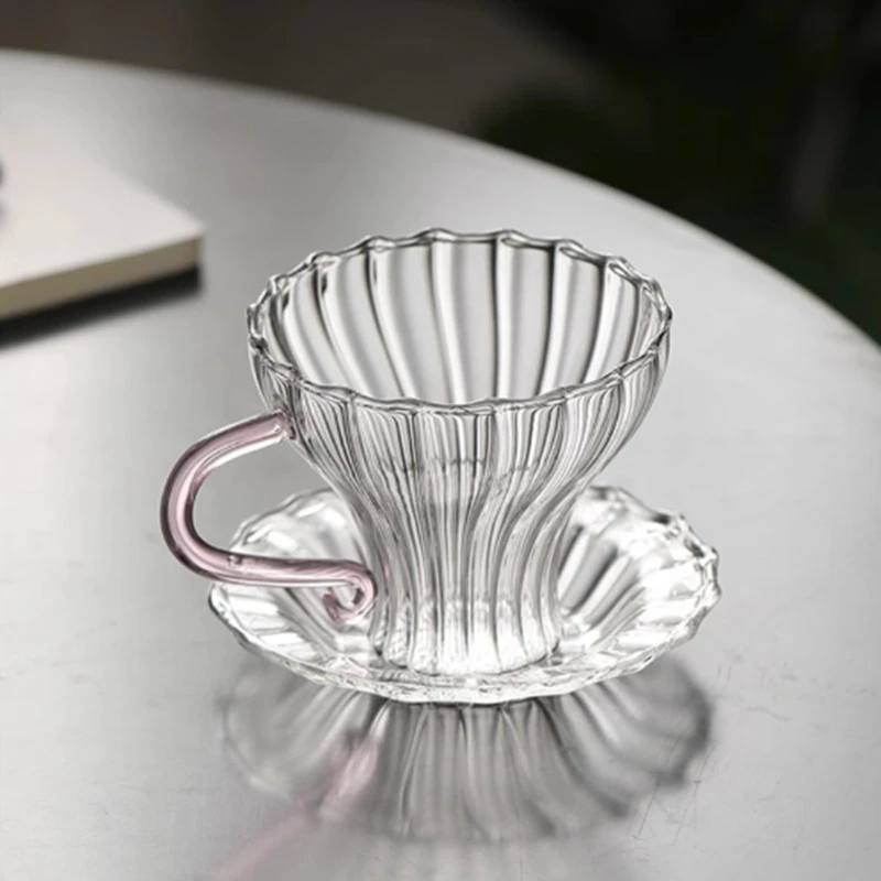手工带杯托中式简约加厚条纹咖啡杯透明玻璃杯茶具耐热竖纹杯碟