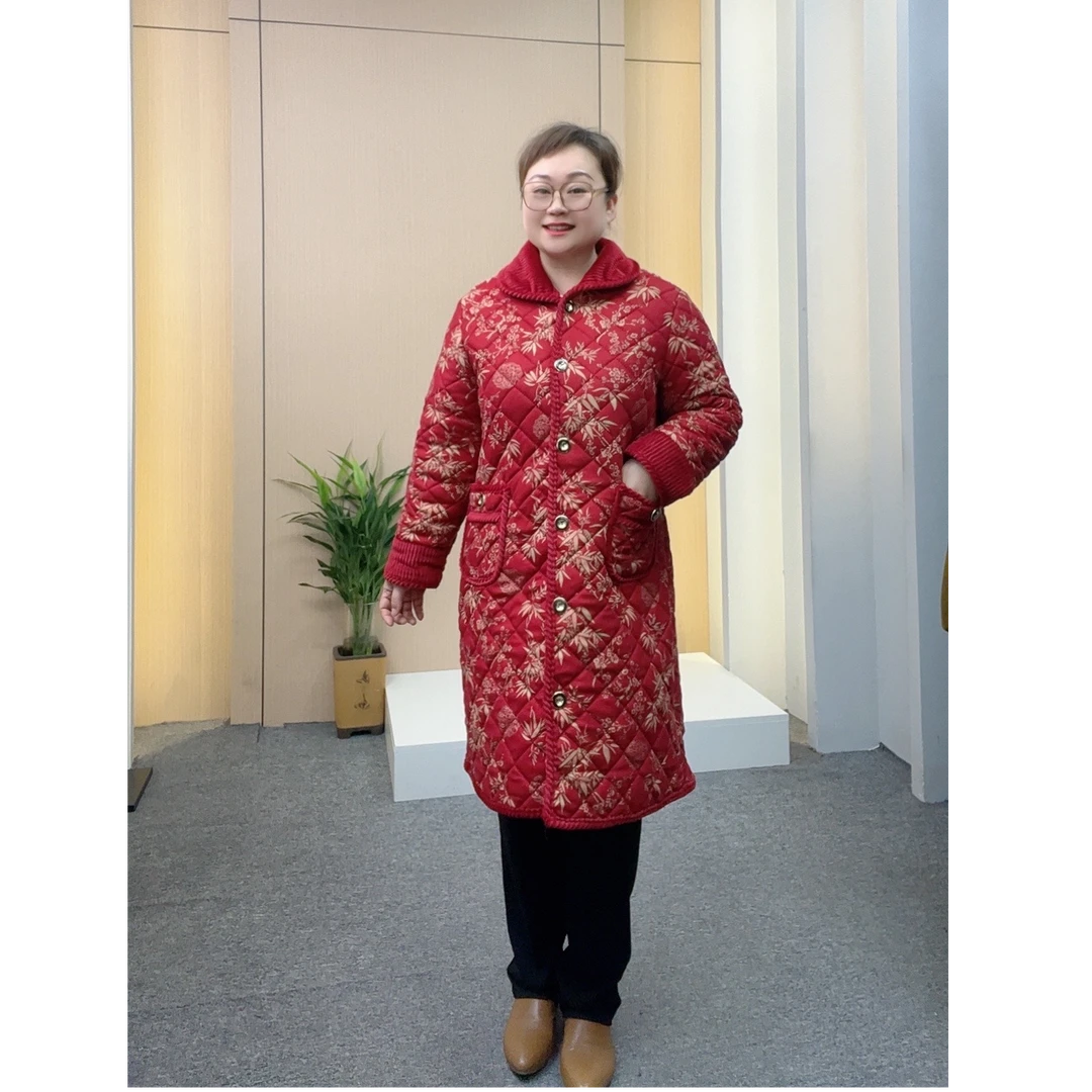 110-255斤纯色碎花拼接翻领休闲长款妈妈装外穿保暖冬季必备外套