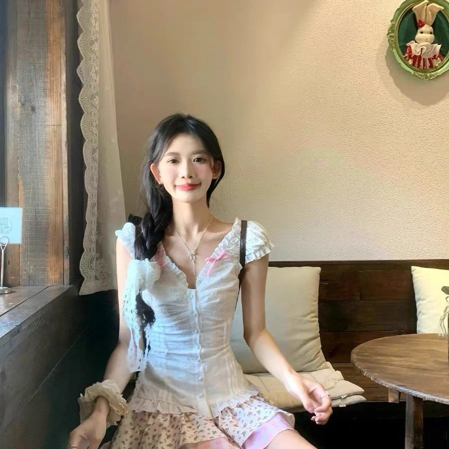 2024新款夏季 甜美气质纯欲可爱蕾丝梦核少女衬衫+半裙