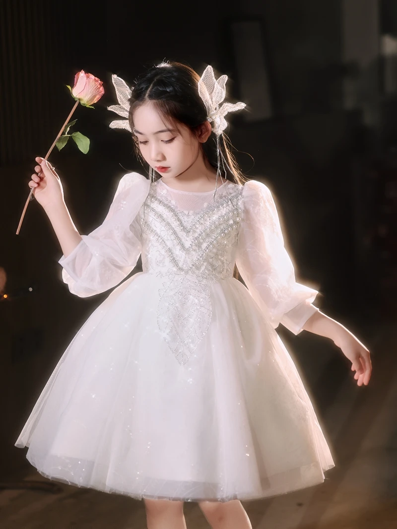 儿童礼服女童公主裙 花童宴会礼服走秀蓬蓬纱白色