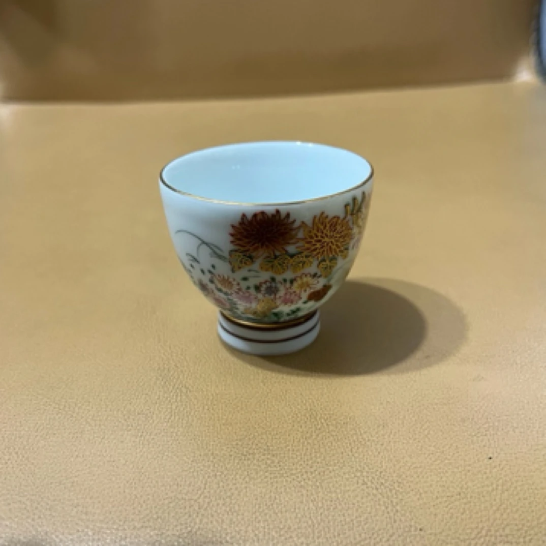 舶来精美九谷圆山手绘花卉诗文手工主人杯一只（5*5cm)