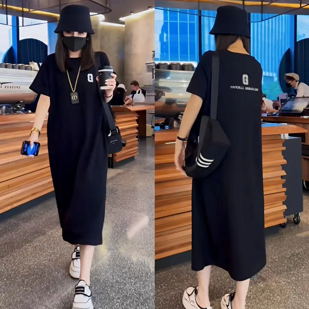 夏季大码高端字母刺绣T恤连衣裙长裙气质时尚休闲宽松百搭小黑裙