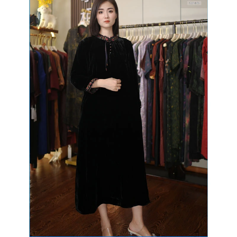 【陶掌柜】518款高端大气减龄复古新中式纯色显瘦女士中长款连衣裙