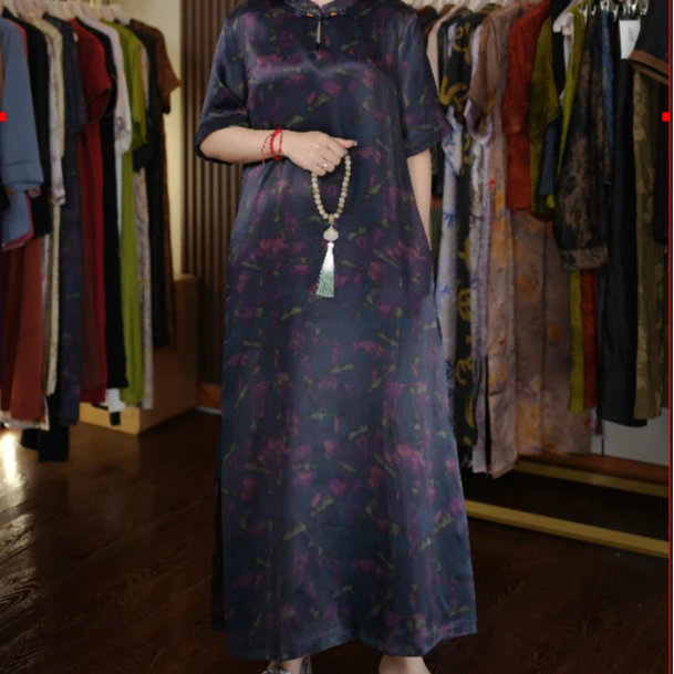 【陶掌柜】2024夏季新款重磅气质复古印花民族风斜襟女装连衣裙-186