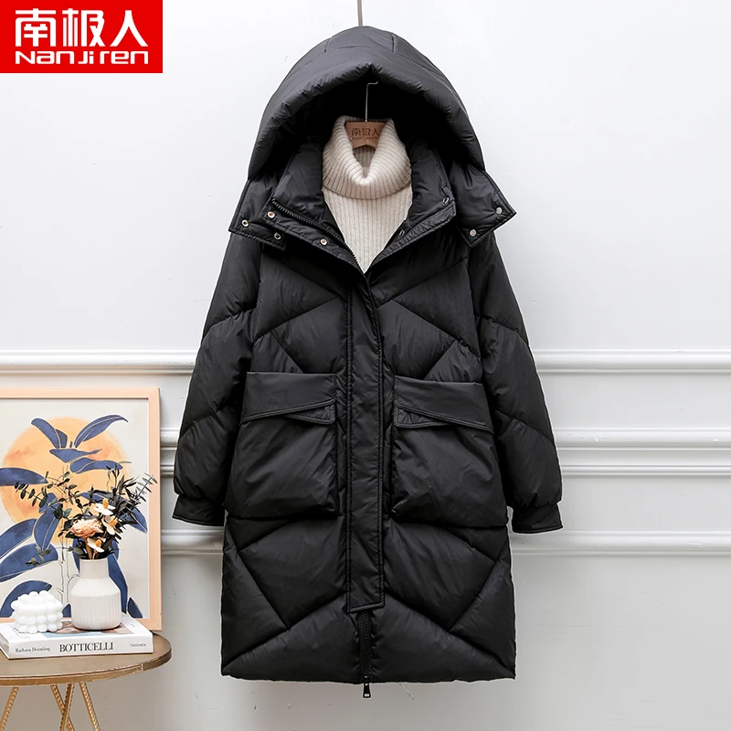 南极人新款羽绒服女士百搭韩版休闲中长款连帽时尚冬季宽松外套