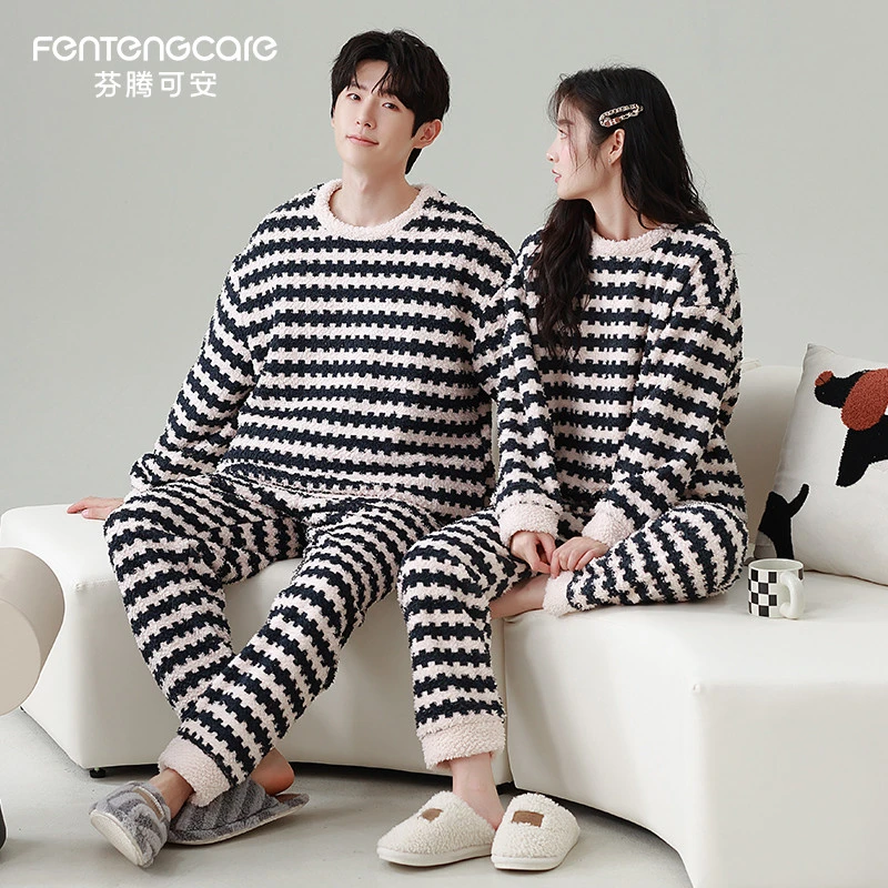 芬腾可安情侣半边绒睡衣秋冬季2026年新款加厚保暖条纹家居服套装