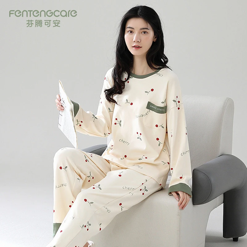 芬腾可安睡衣女士春秋款纯棉长袖长裤可外穿家居服套装2025年新款