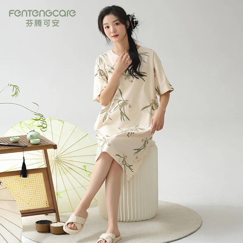 芬腾可安睡裙女士夏季新款短袖薄款宽松夏天中式古风可外穿家居服