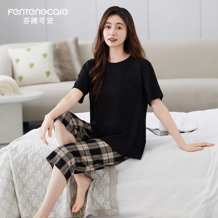 芬腾可安夏季女士睡衣纯棉短袖七分裤家居服可外穿格子加大码套装