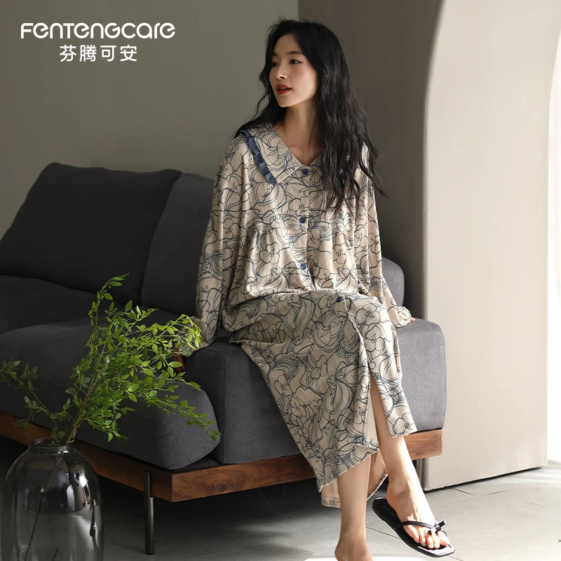 芬腾可安睡衣女款春秋季纯棉长袖中长款睡裙宽松大码高级感连衣裙