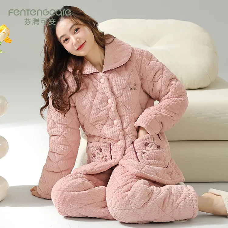 芬腾可安三层夹棉睡衣女冬季珊瑚绒加厚保暖秋冬法兰绒家居服套装
