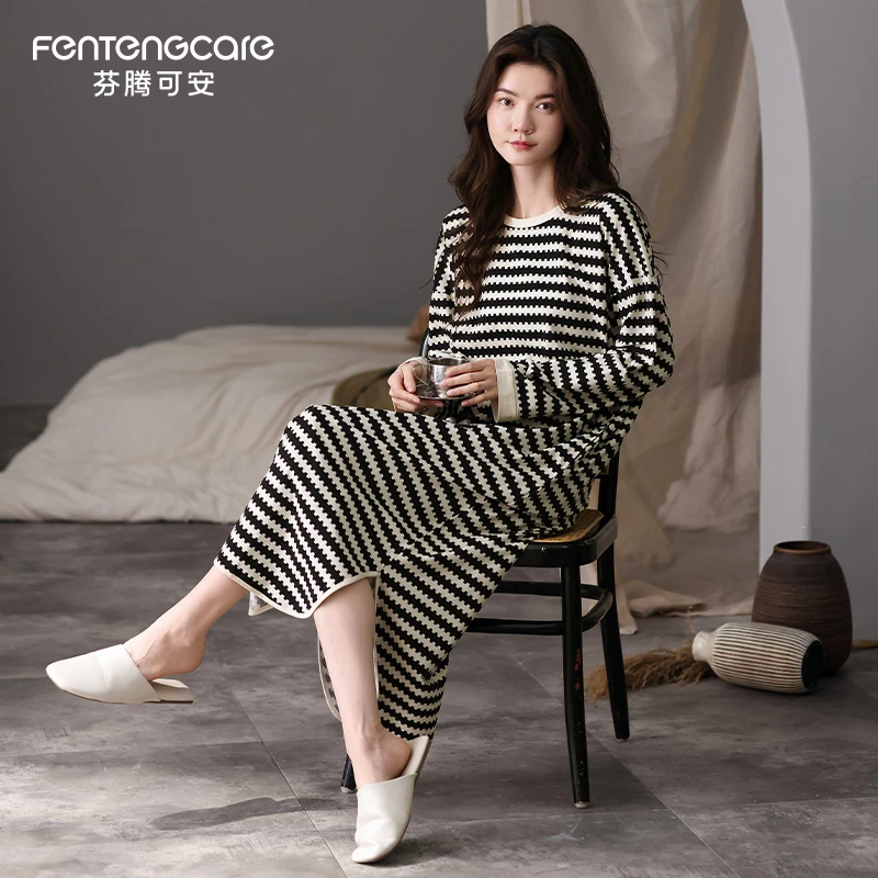 芬腾可安女士睡衣春秋季2025新款条纹睡裙女中长款长袖纯棉家居服