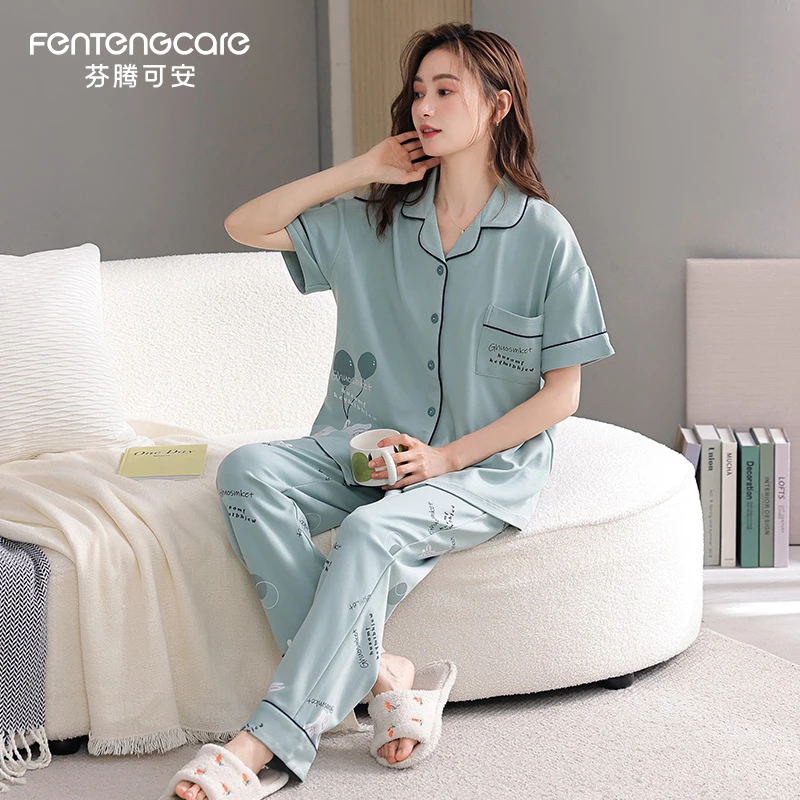 芬腾可安夏季睡衣女外穿新款短袖长裤薄款大码纯棉翻领家居服套装