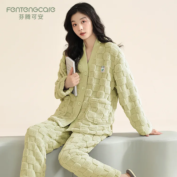 芬腾可安新款冬季珊瑚绒加厚加绒秋冬款法兰绒睡衣女家居服两件套