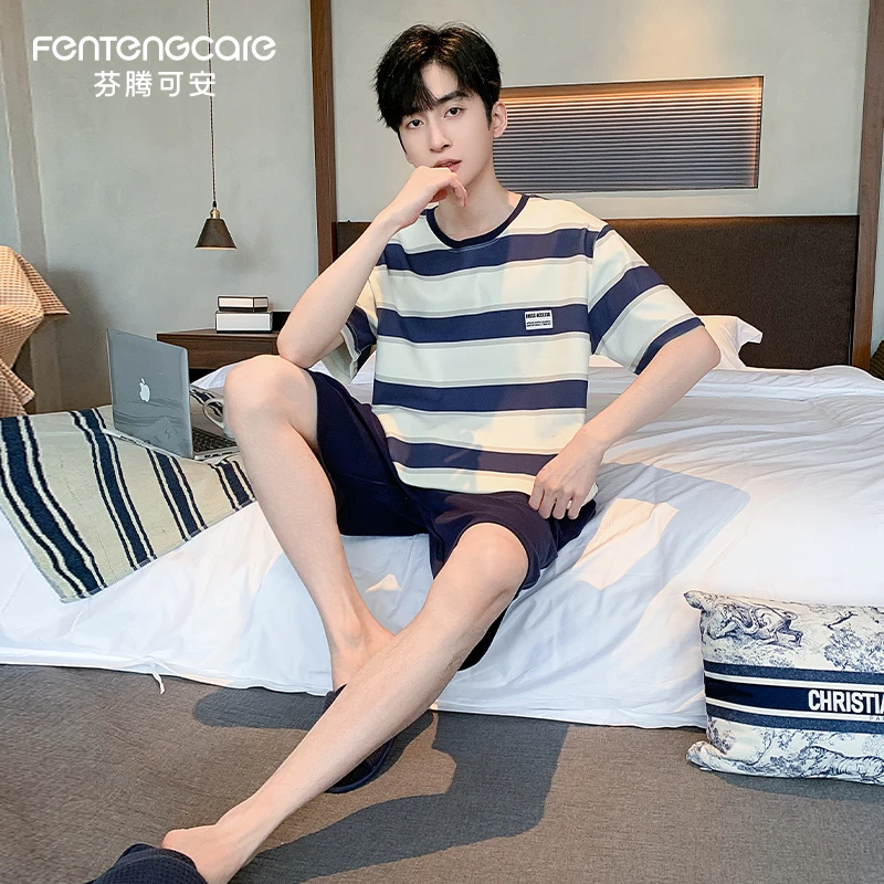 芬腾可安男士睡衣夏季纯棉短袖2025新款青少年男生大码家居服套装