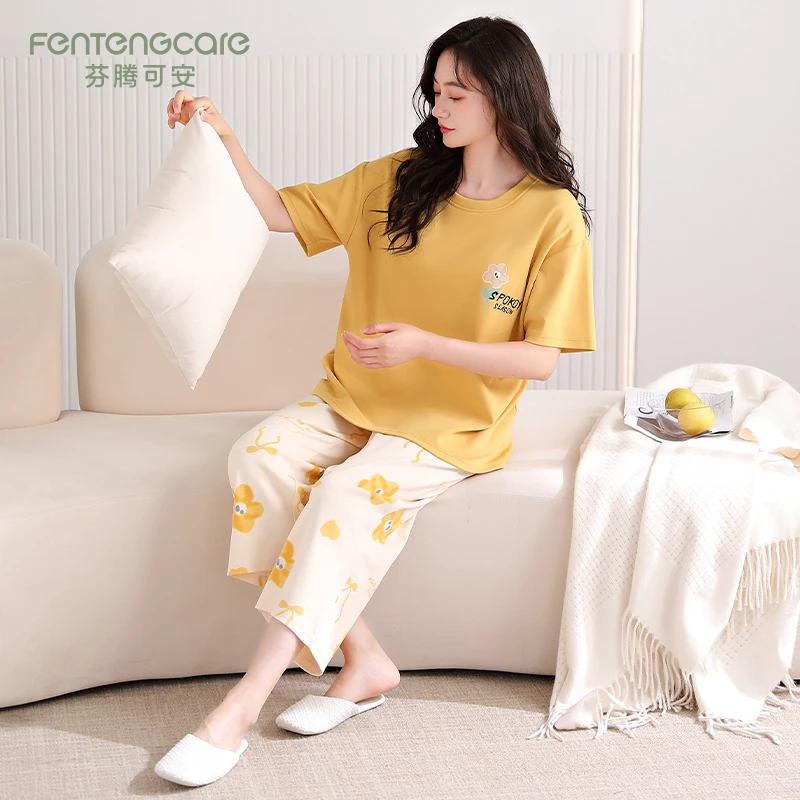 芬腾可安夏季纯棉薄款短袖七分裤女士睡衣甜美宽松大码家居服套装