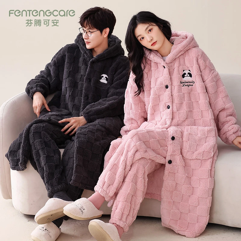 芬腾可安情侣睡衣秋冬季珊瑚绒男女士加厚加绒长款睡袍家居服套装