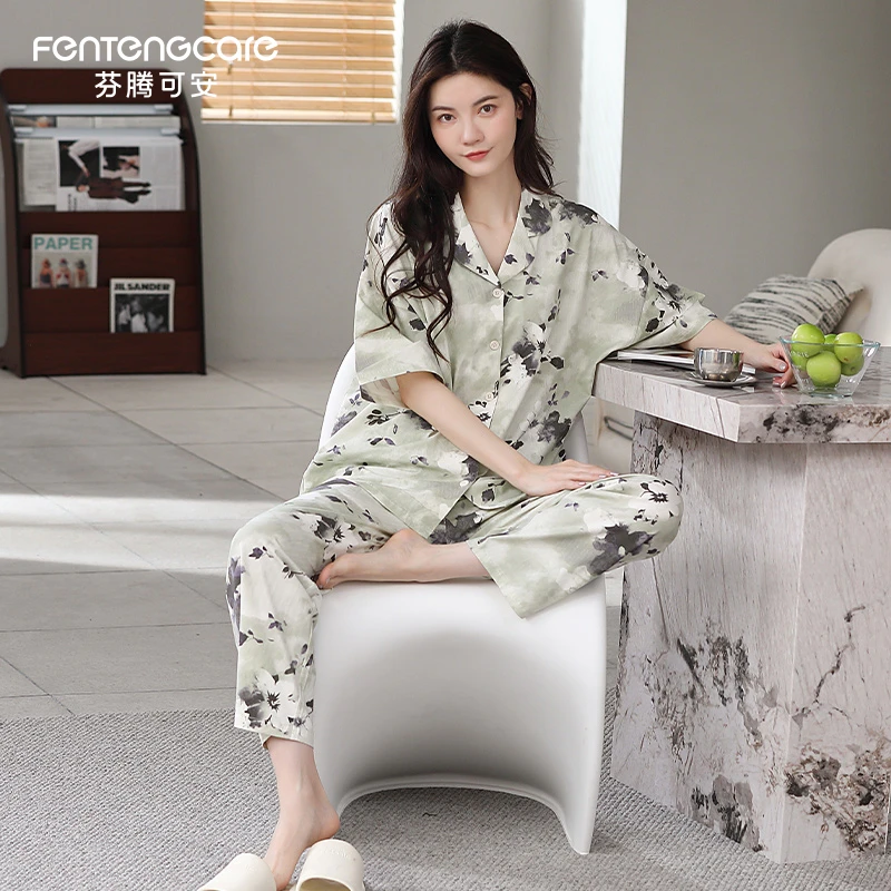 芬腾可安睡衣女夏季纯棉短袖长裤2025新款休闲风高级感家居服套装