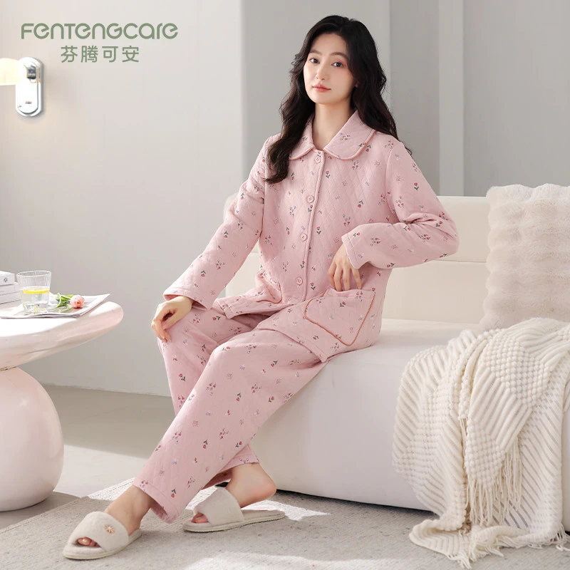 芬腾可安秋冬款纯棉空气棉夹层睡衣女士2026新款长袖家居服两件套