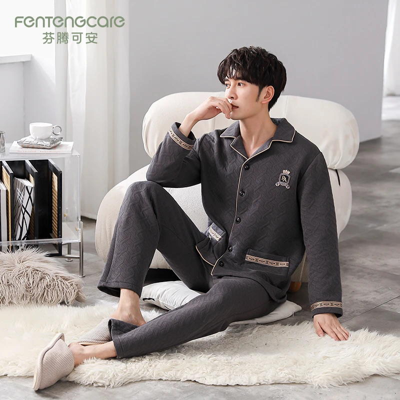 芬腾可安空气棉睡衣男士秋冬加厚纯棉长袖冬季夹层夹棉家居服套装