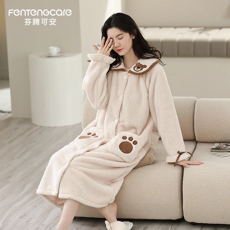 芬腾可安珊瑚绒女士睡袍秋冬季中长款长袖浴袍加绒加厚睡衣家居服