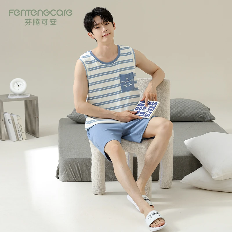 芬腾可安夏季纯棉男士睡衣学生青年无袖背心短裤可外穿家居服套装