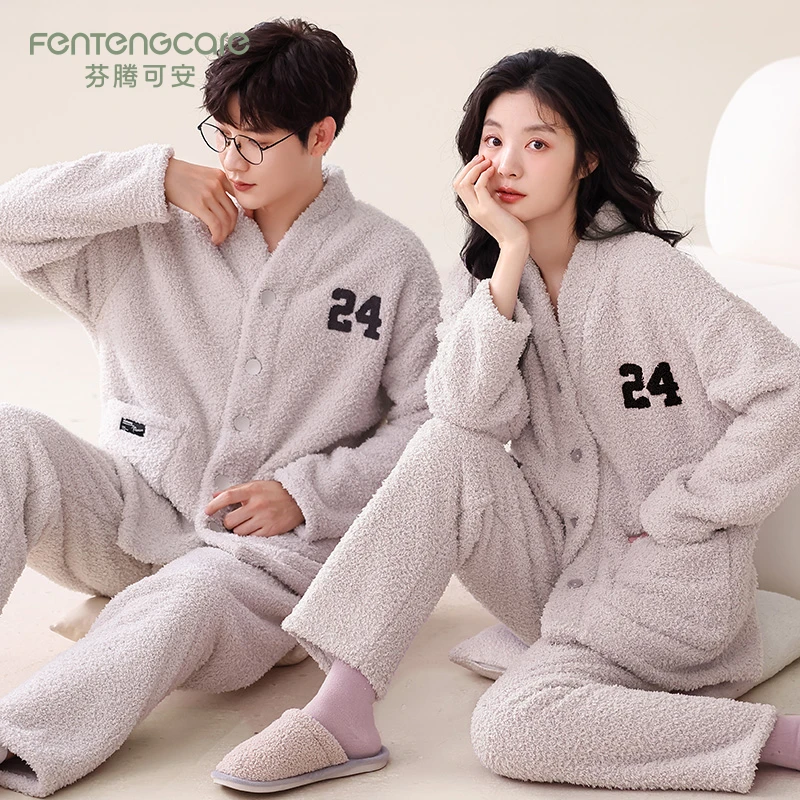 芬腾可安珊瑚绒情侣睡衣男女款加厚加绒冬季保暖半边绒家居服套装