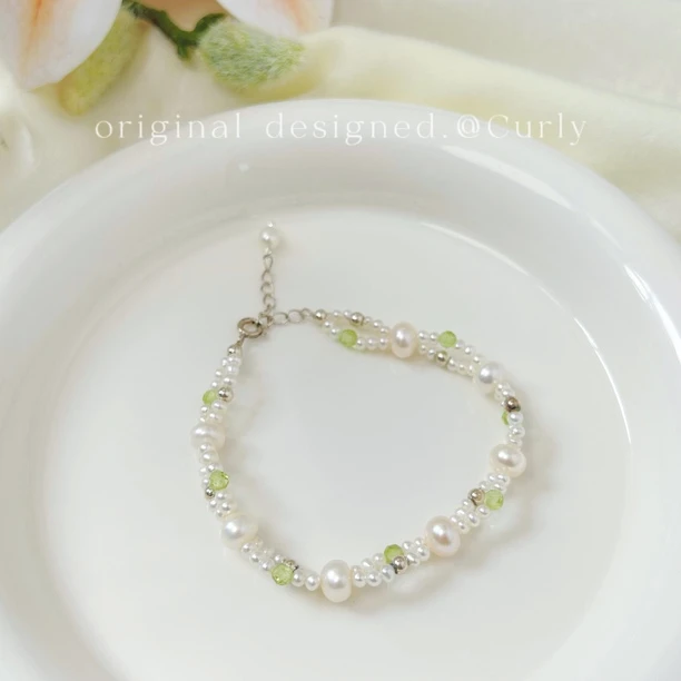 合金手链 Curly袅袅原创设计百搭圆珠天然绿色石头孤品手链