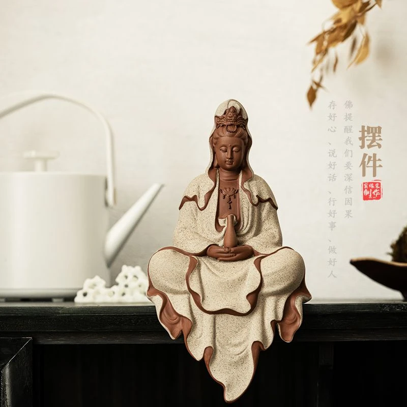 中式紫砂观音禅意陶瓷摆件家用供奉佛像客厅玄关乔迁送礼家居摆件