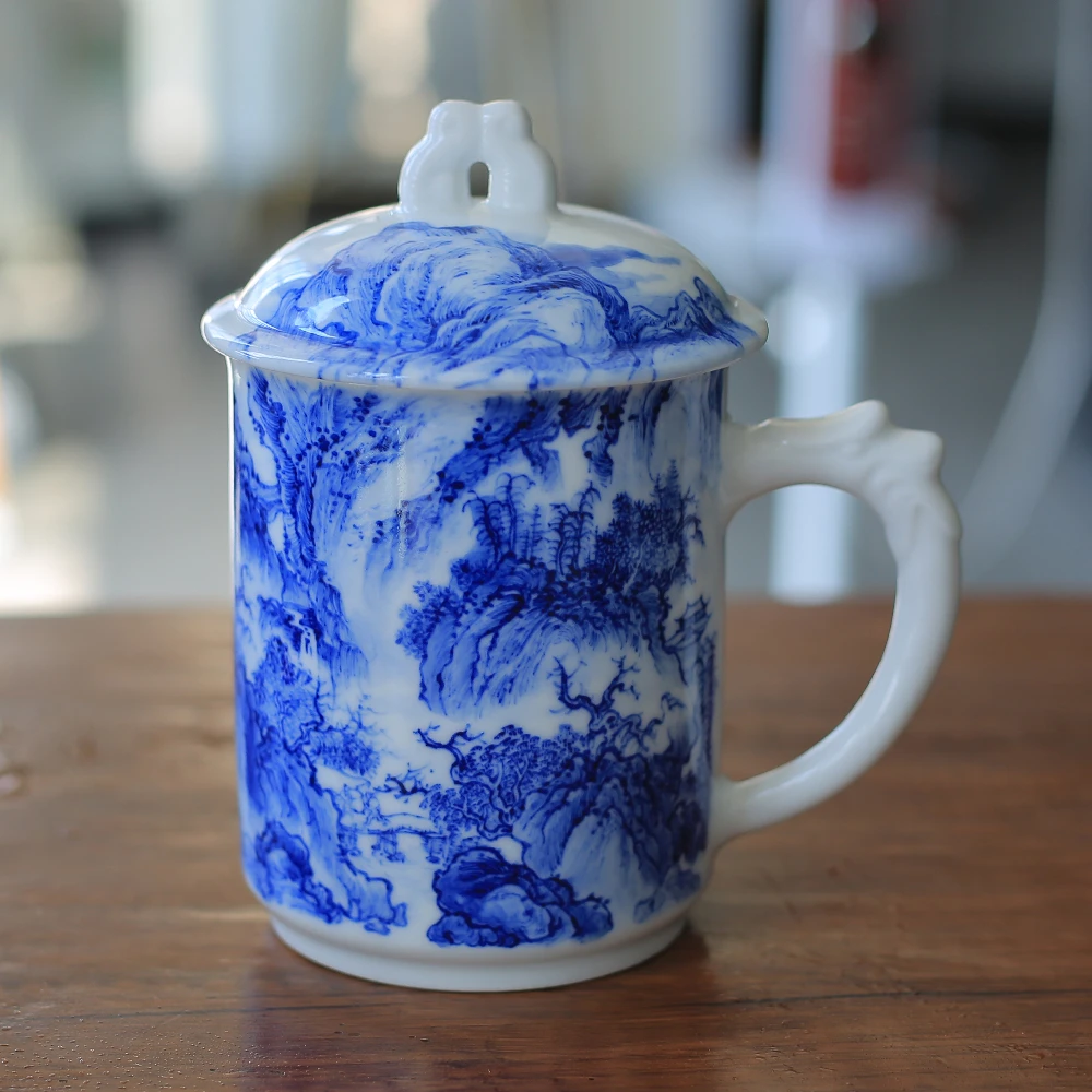 景德镇手工青花茶具会议杯老板杯大号主人杯带盖送礼收藏定制