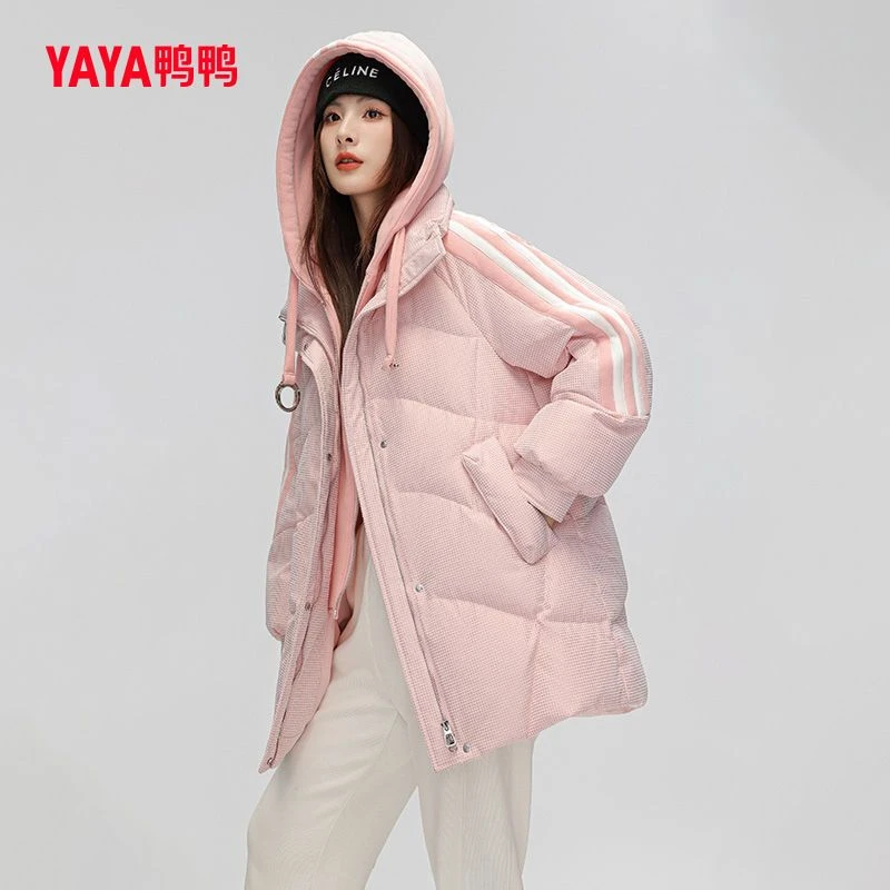 YAYA/鸭鸭羽绒服女2023秋新品中长款卫衣帽拼接假两件套加厚外套J