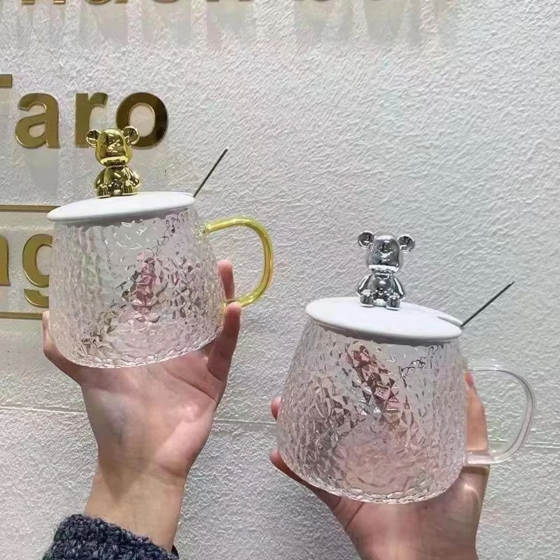 高颜值小熊锤纹玻璃把手杯花茶杯家用办公室咖啡杯带盖喝水杯