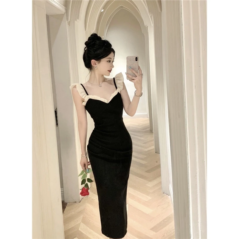 设计感高级感连衣裙女夏修身包臀中长裙气质名媛显瘦黑色吊带裙子