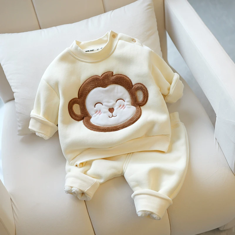 宝宝加绒分体套装简约卡通加厚绒卫衣套装冬季保暖两件套拜年服