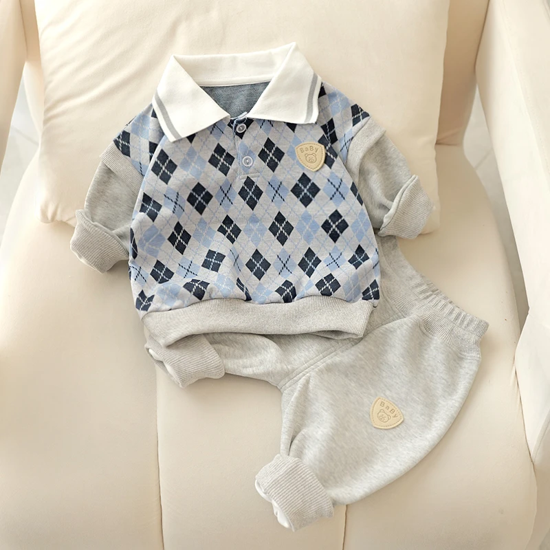 春季新款宝宝分体套装休闲学院翻领卫衣套装棉质婴幼儿格子春秋