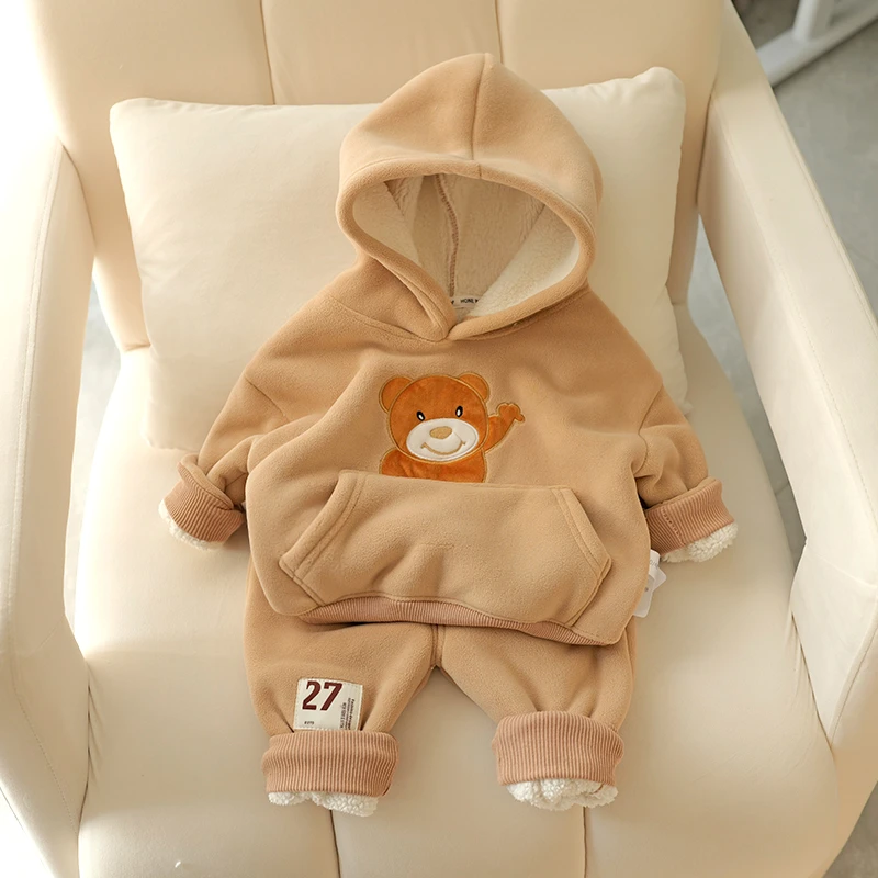 冬季宝宝分体套装卡通连帽双面绒套装秋冬加厚带帽套头保暖两件套