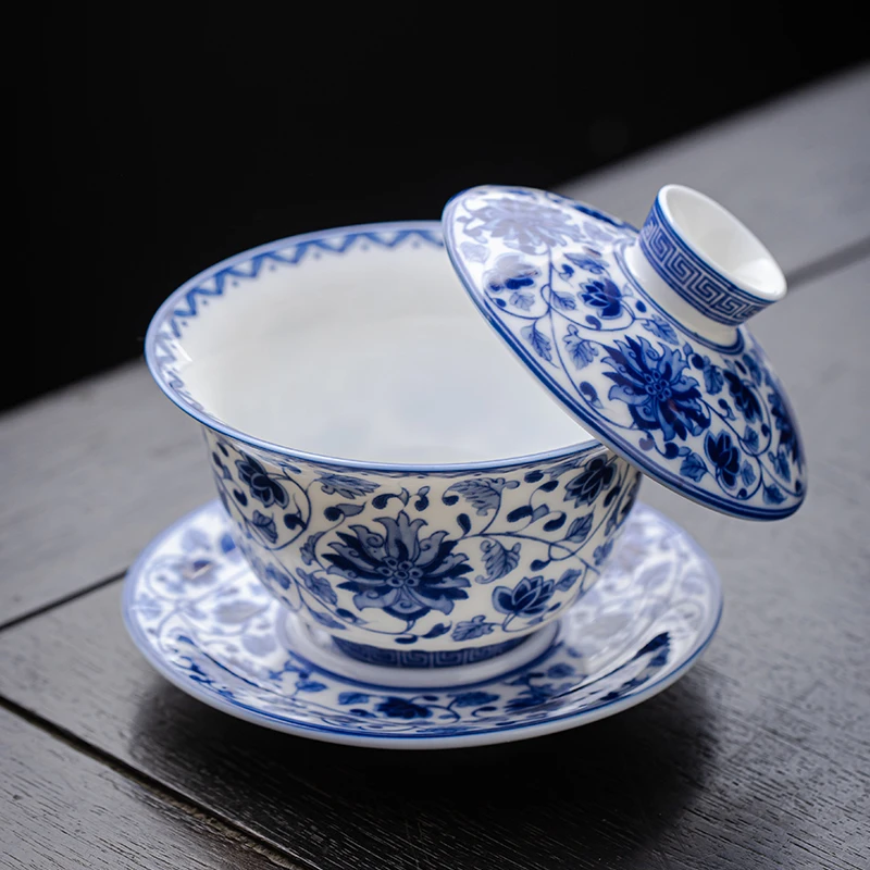 青花羊脂玉三才盖碗悬停单个高档不烫手复古缠枝莲大容量功夫茶具