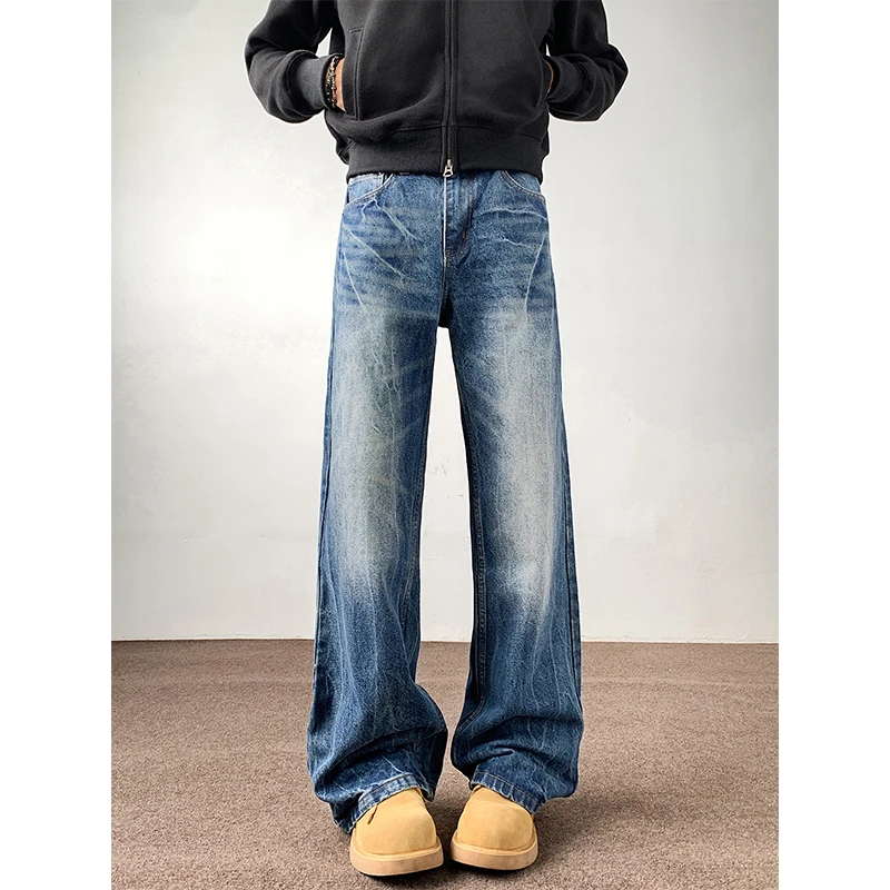 【TSZ】夏季美式复古闪电爆裂纹牛仔裤重工水洗viibe高街直筒微喇裤