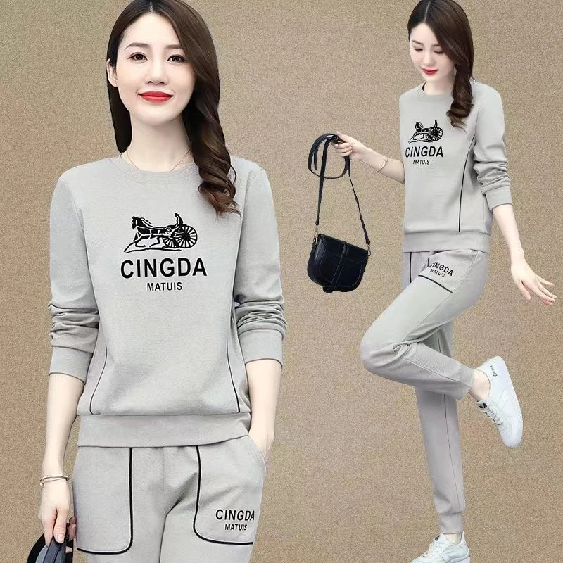 春秋季时尚运动服套装女2023新款大码宽松圆领休闲跑步卫衣两件套