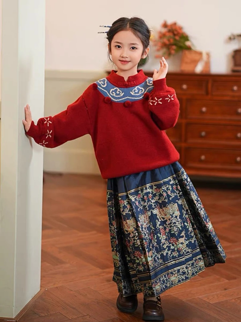 巴拉推荐中国风童装古风中式祥云新年款女童毛衣2023冬装新款儿童