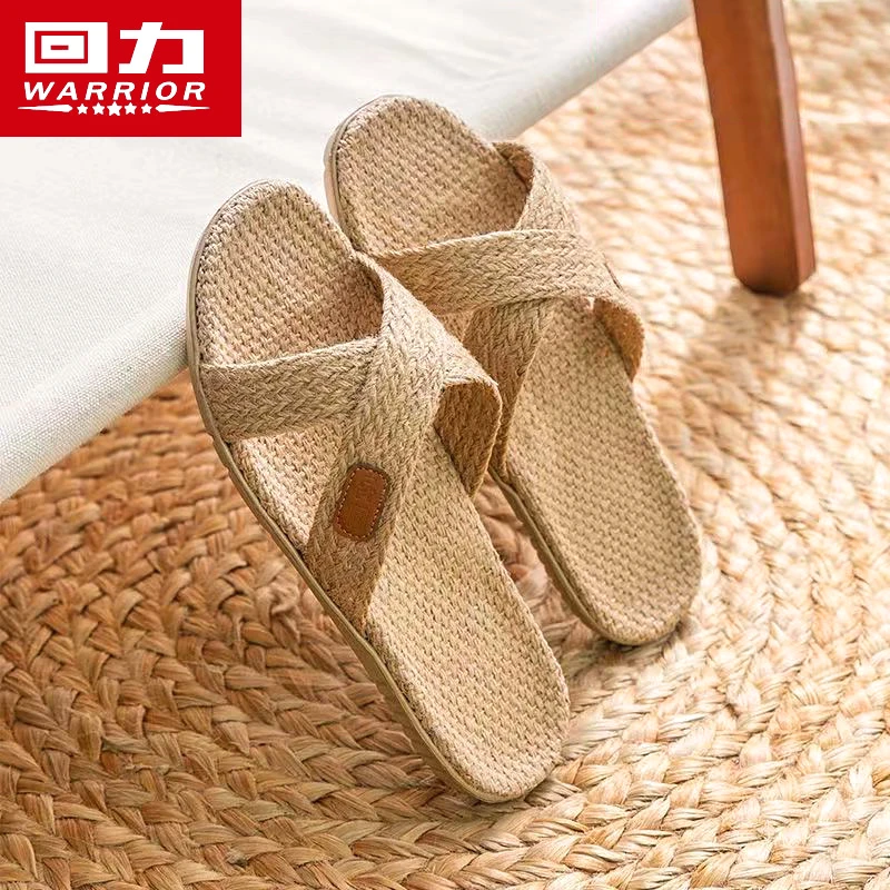 回力亚麻拖鞋男冬季潮流外穿防滑吸汗男士室内居家静音情侣凉拖鞋